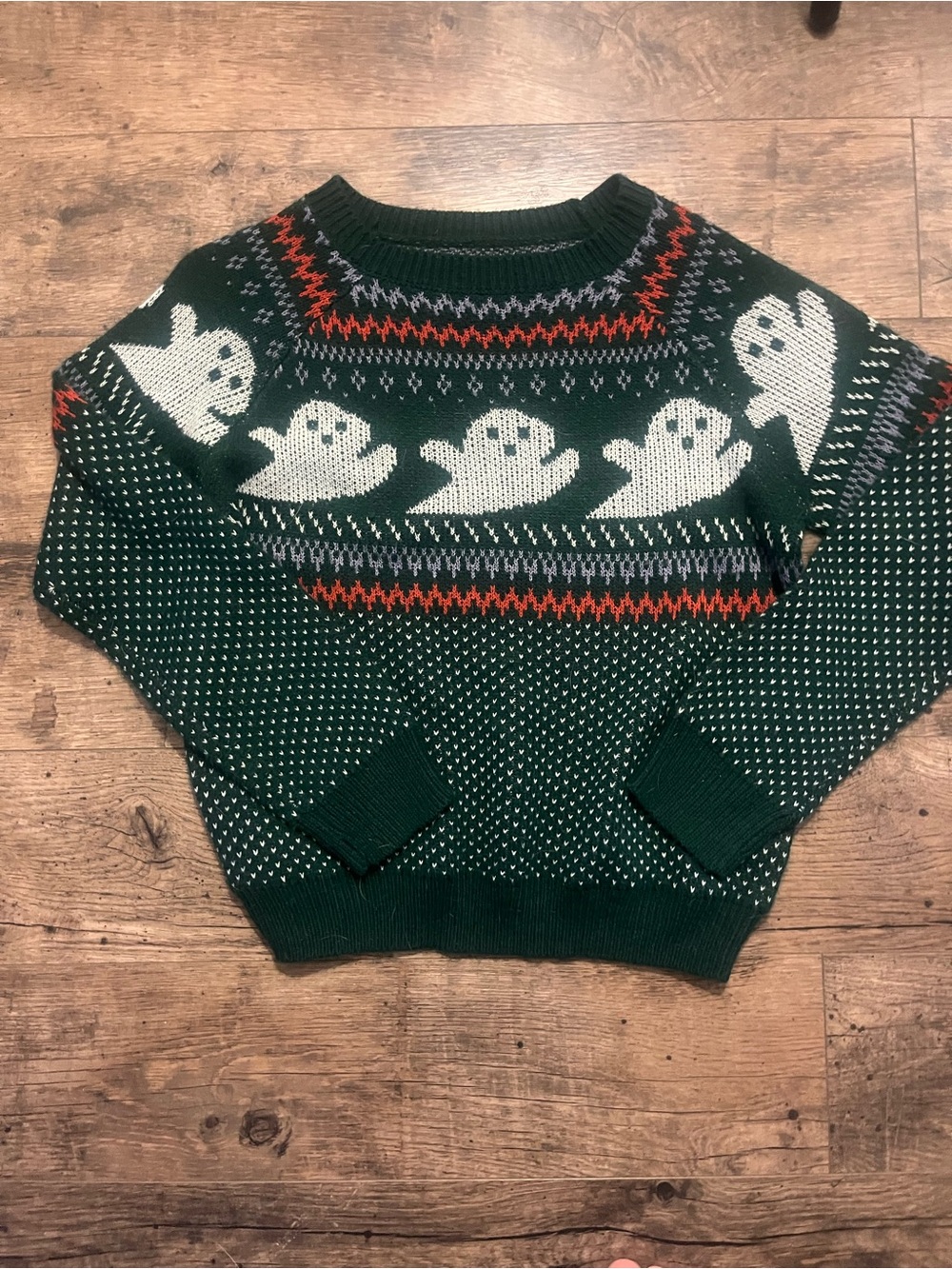 Halloween Forest Green Crewneck Sweater with White Ghost Motif